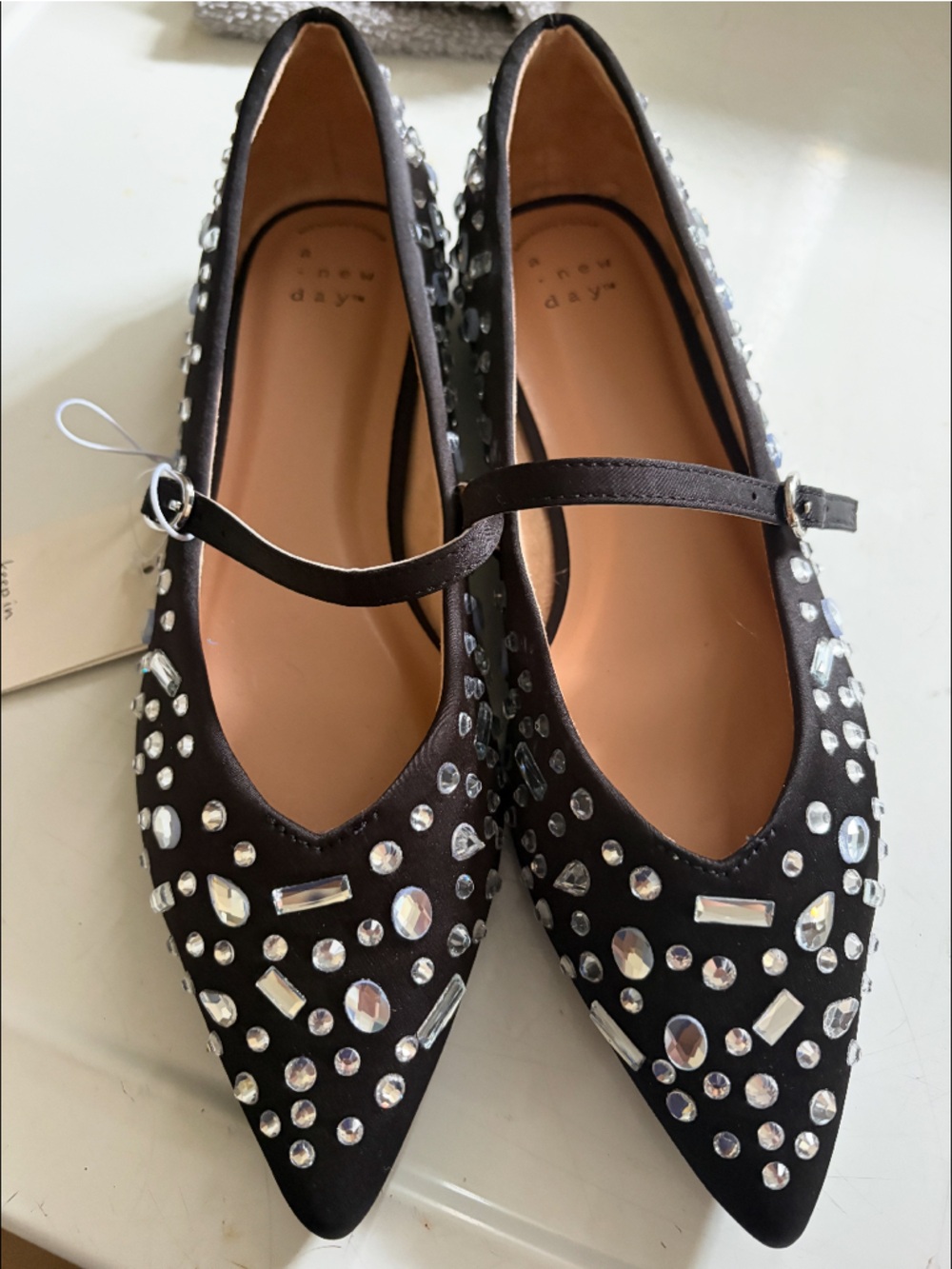 a new day Black Embellished Pointed Toe Mary Jane Flats. Size 9 - 9.5 NWOB